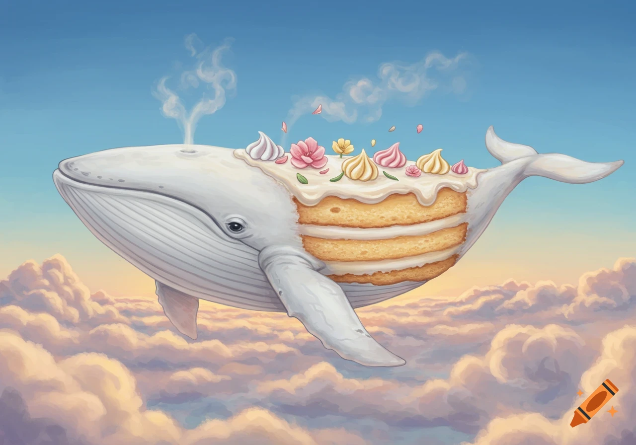 A whimsical illustration of a white whale with a three-layer vanilla cake section on its back, floating in a cloudy blue sky.