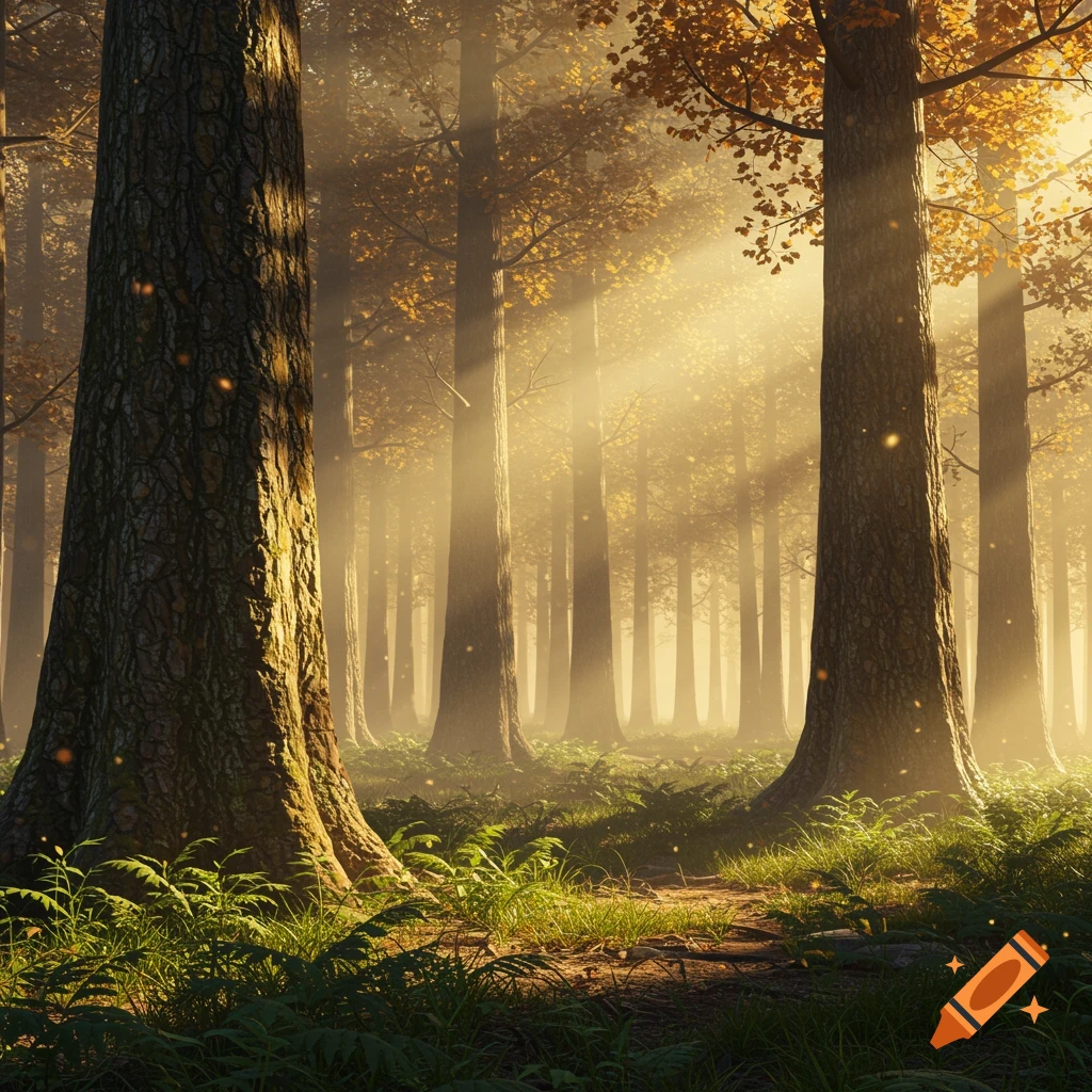 Sunbeams penetrate a dense forest, illuminating tall trees and a grassy path on the forest floor.