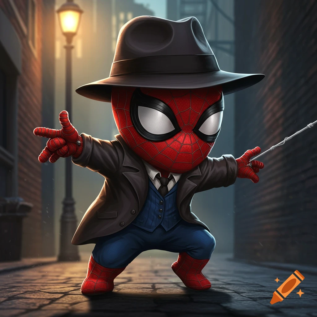 Chibi Spider-Man in a fedora and trench coat, crouching in a dark city alley, reaching out.