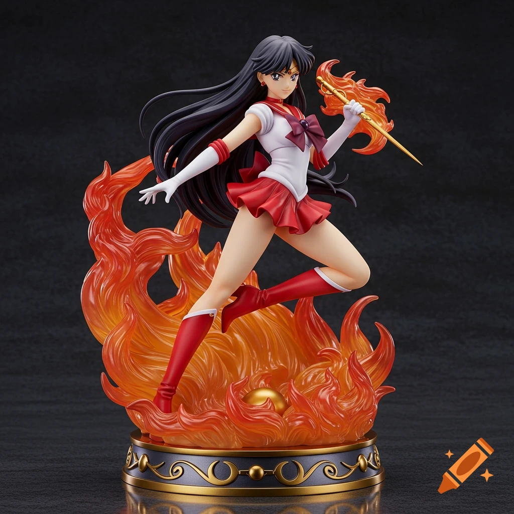 Sailor Mars statue in a dynamic pose, standing on an ornate base with fire effects.