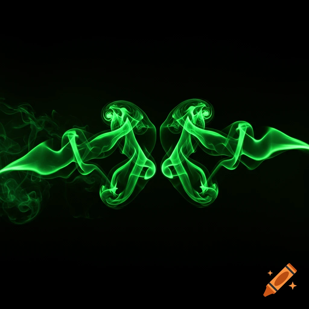 Bright green smoke trails swirl against a dark black background, forming a symmetrical abstract pattern.