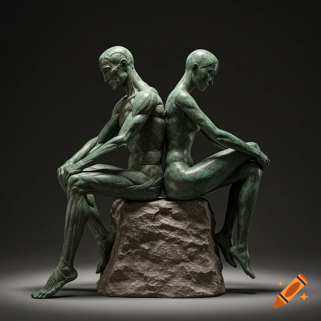 A dark green bronze sculpture of a male and female figure sitting back-to-back on a rough rock, displaying detailed anatomy.