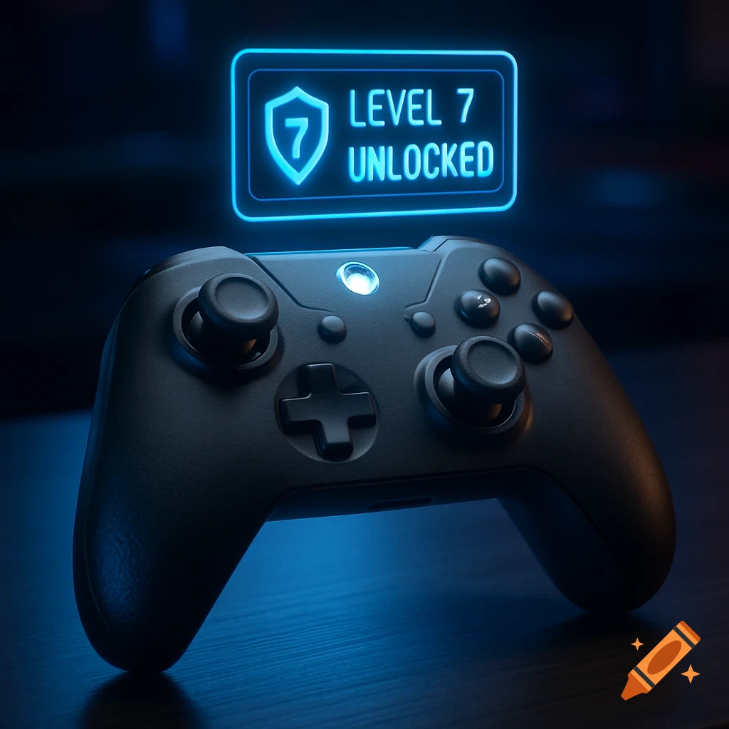 A close-up, photorealistic shot of a black game controller on a dark surface, with a glowing blue 'LEVEL 7 UNLOCKED' notification floating above it.