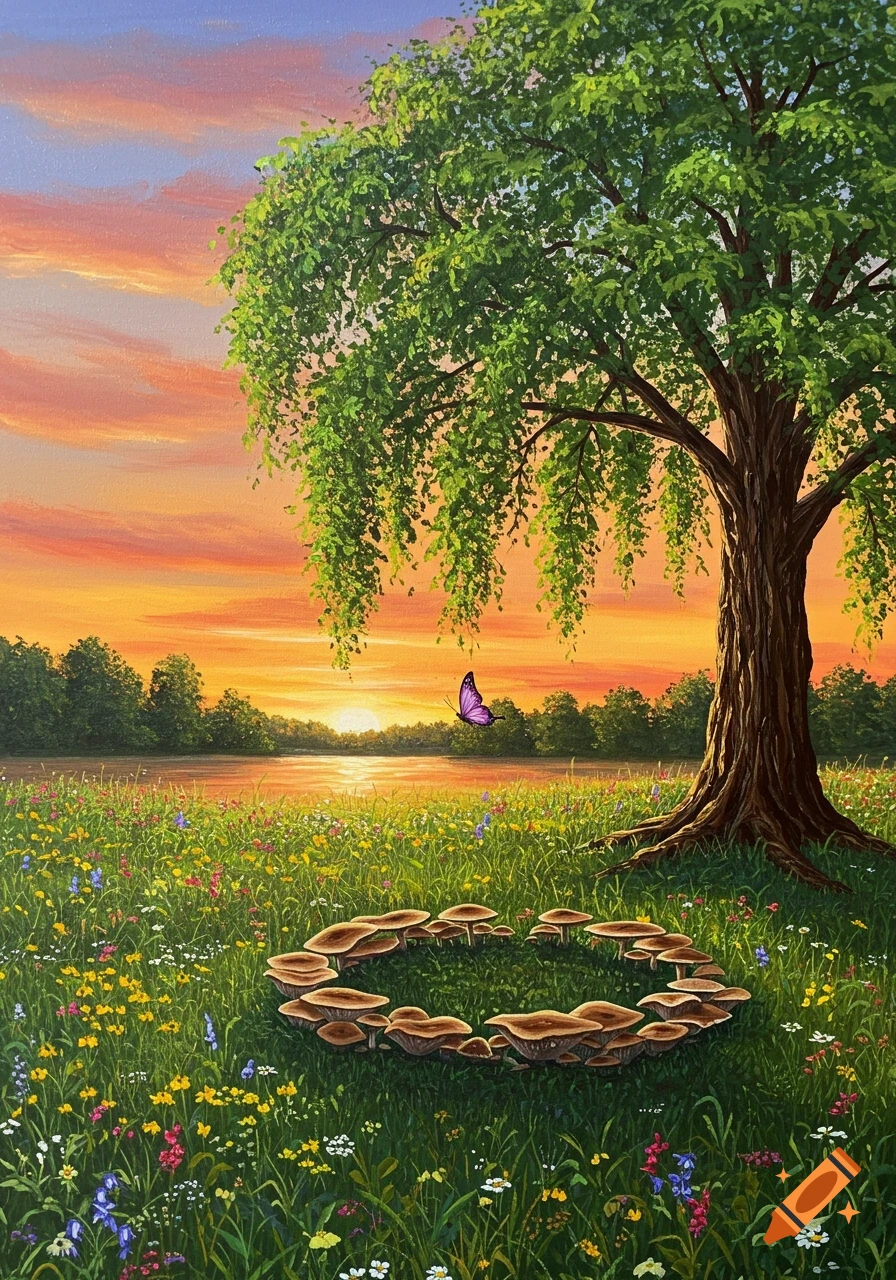 Acrylic painting of a weeping willow tree with a mushroom ring at its base, a field of wildflowers by a lake, and a purple butterfly at sunset.
