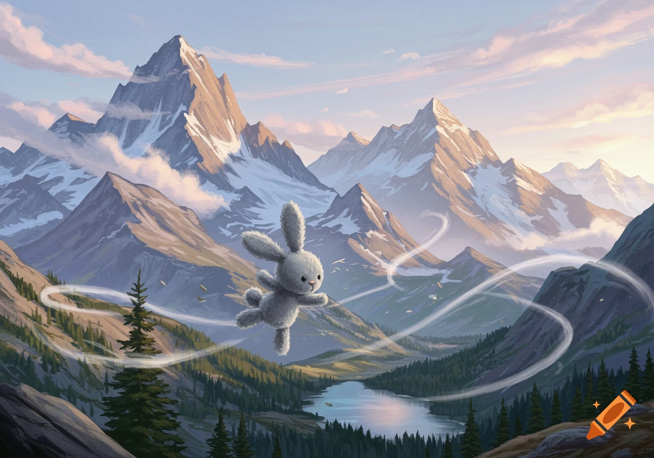 A fluffy grey toy rabbit floats over a scenic mountain range with a lake below, wisps of wind around it.