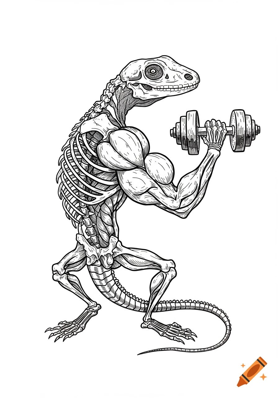 Black and white outline drawing of a muscular lizard skeleton curling a dumbbell.