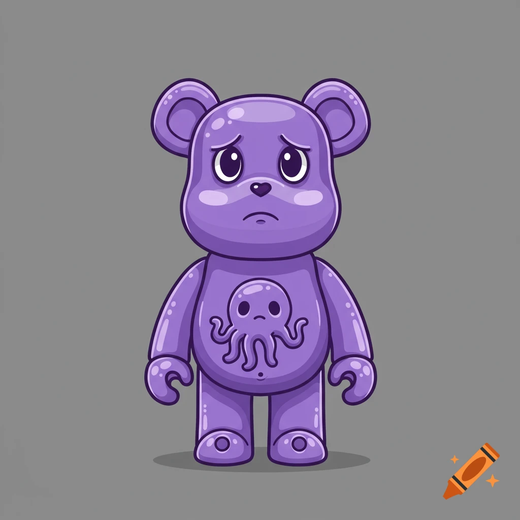 A shiny purple cartoon bear with a sad expression and a stylized octopus symbol on its belly.