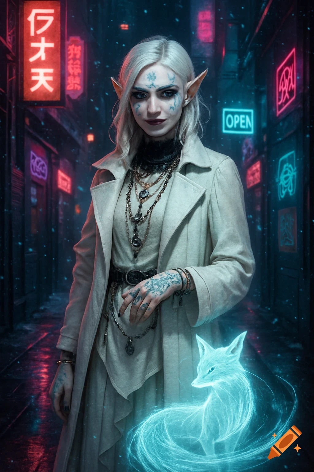 A pale-skinned elven woman with glowing tattoos and a white coat stands in a neon-lit cyberpunk alley with a glowing blue fox.