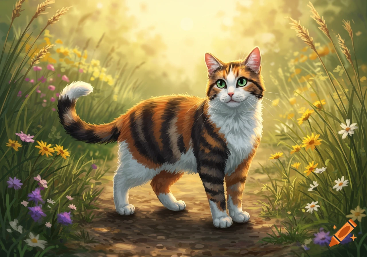 A calico cat with green eyes stands on a dirt path in a sunny field of green grass and colorful wildflowers, digital painting.