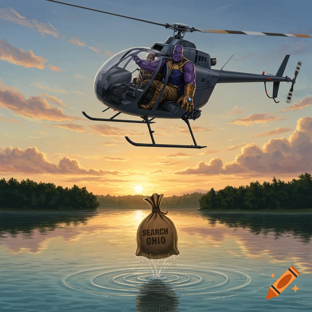 Thanos in a helicopter drops a sack labeled 'SEARCH OHIO' into a lake at sunset.