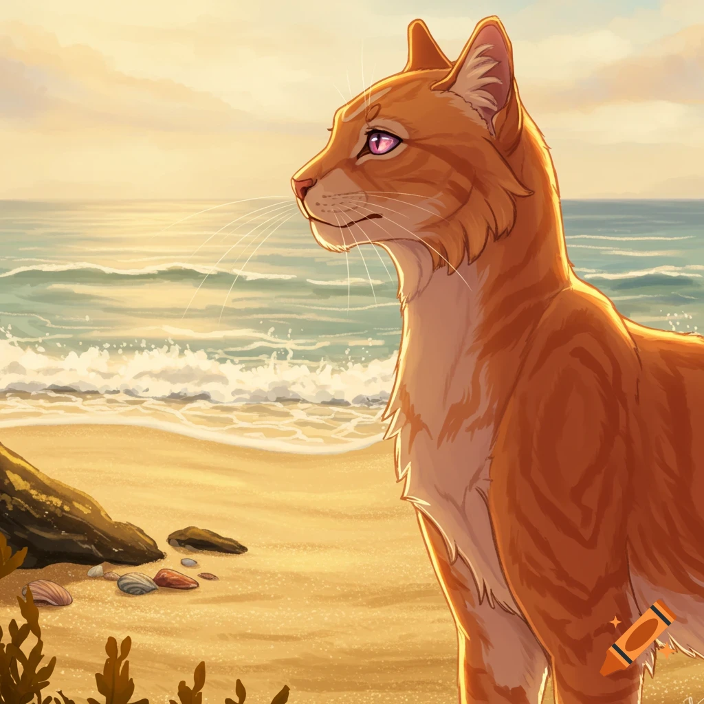 Orange tabby cat with pink eyes on a sunny beach looking out at the ocean, stylized digital painting.