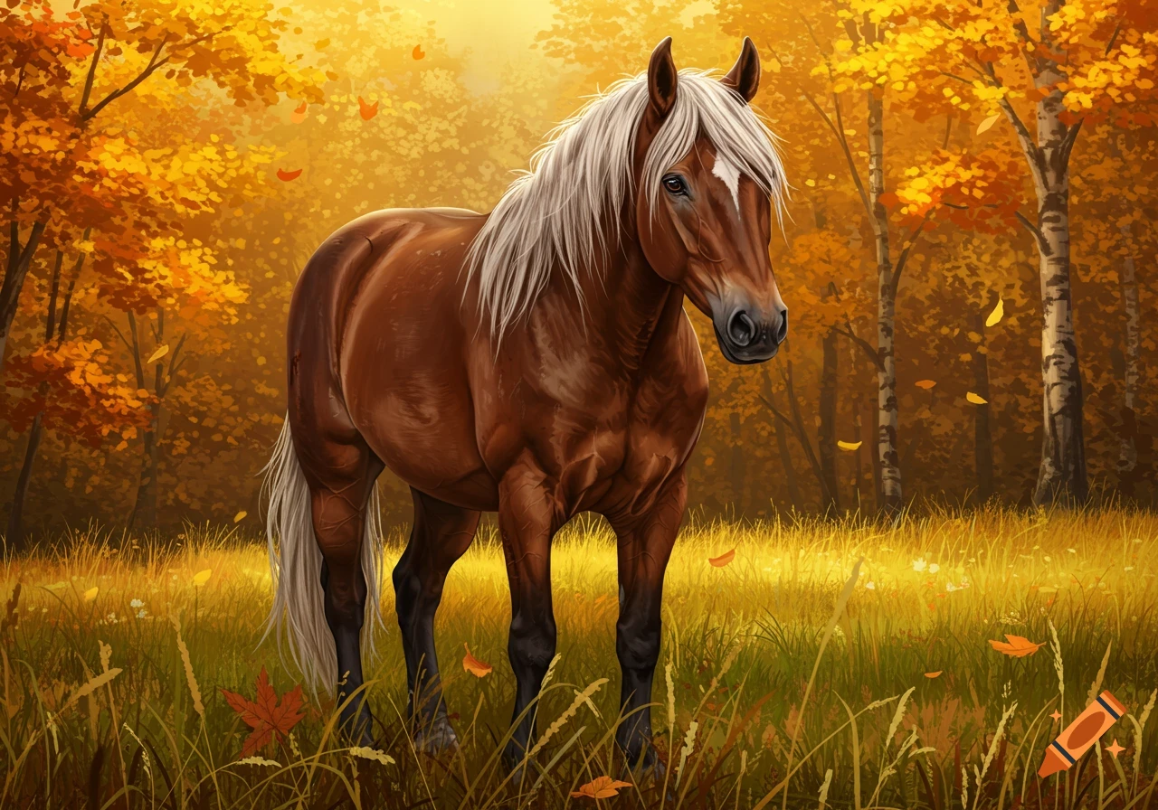 A brown horse with a white mane stands in a golden field surrounded by autumn trees with orange and yellow leaves.