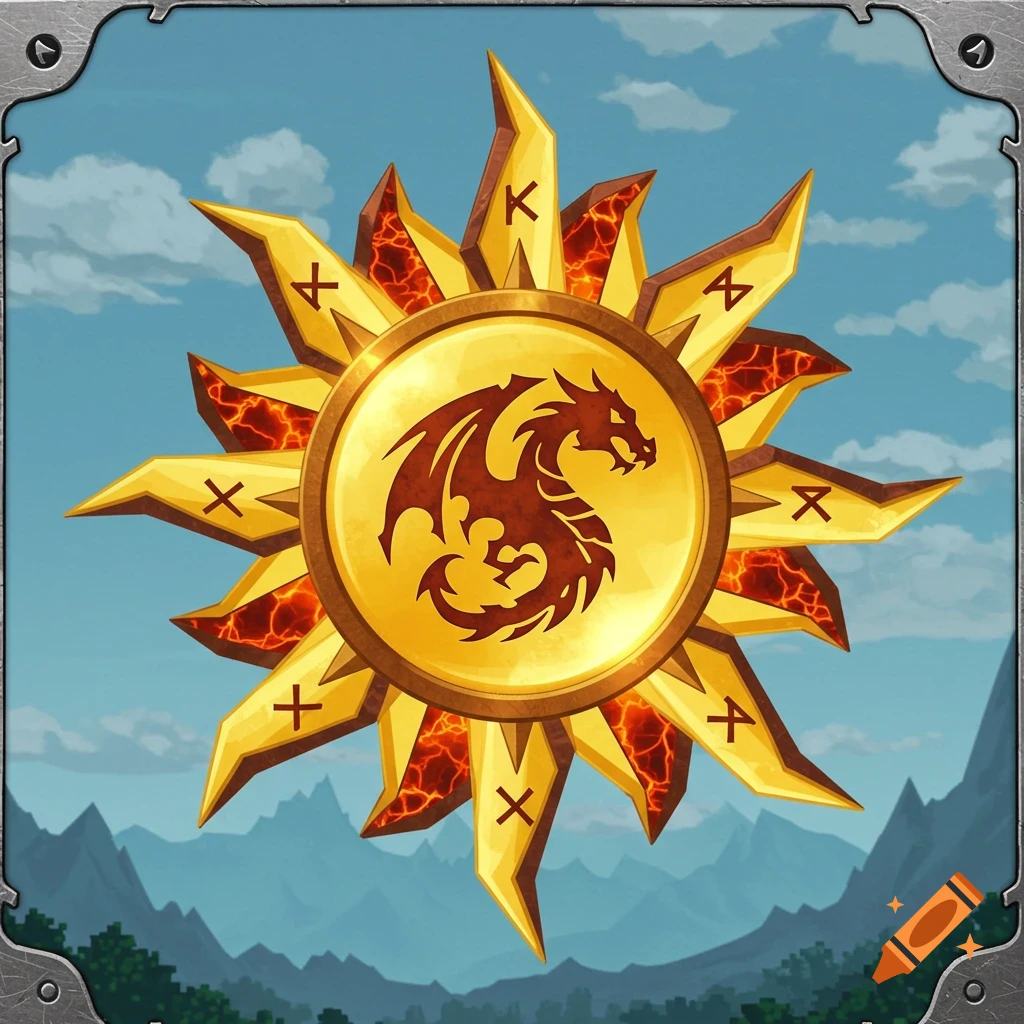 A gold and red sun-shaped icon with a dragon in the center, set against a blue sky and green mountains. Stylized, game art.