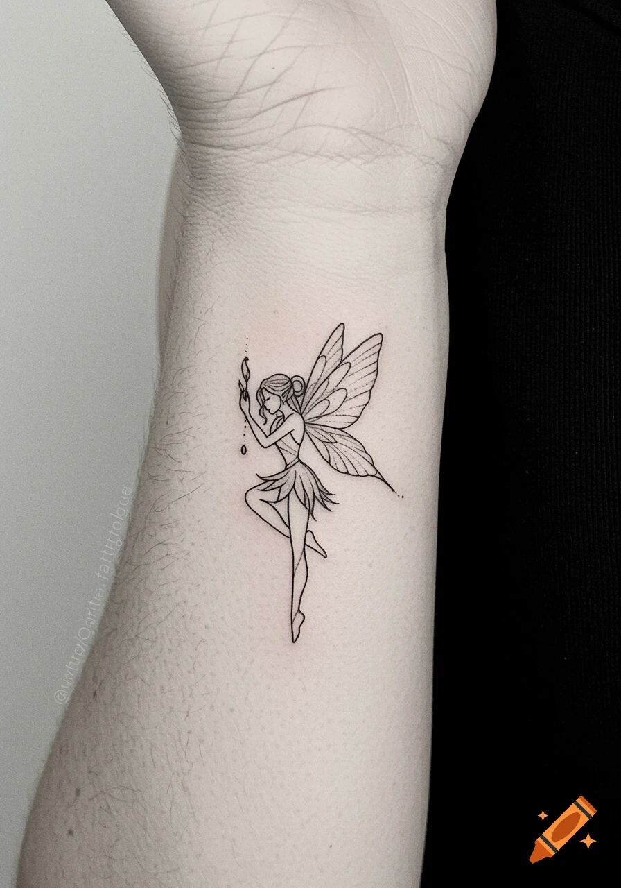 A minimalist line art tattoo of a fairy with wings on a person's forearm.