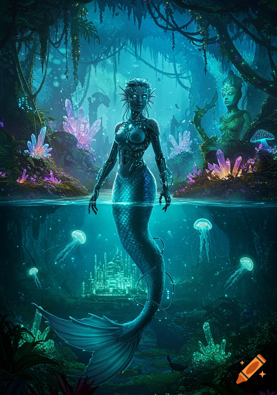 A biopunk cyborg mermaid with glowing eyes stands in a lush, mystical underwater jungle with vibrant crystals, glowing jellyfish, and a submerged city.