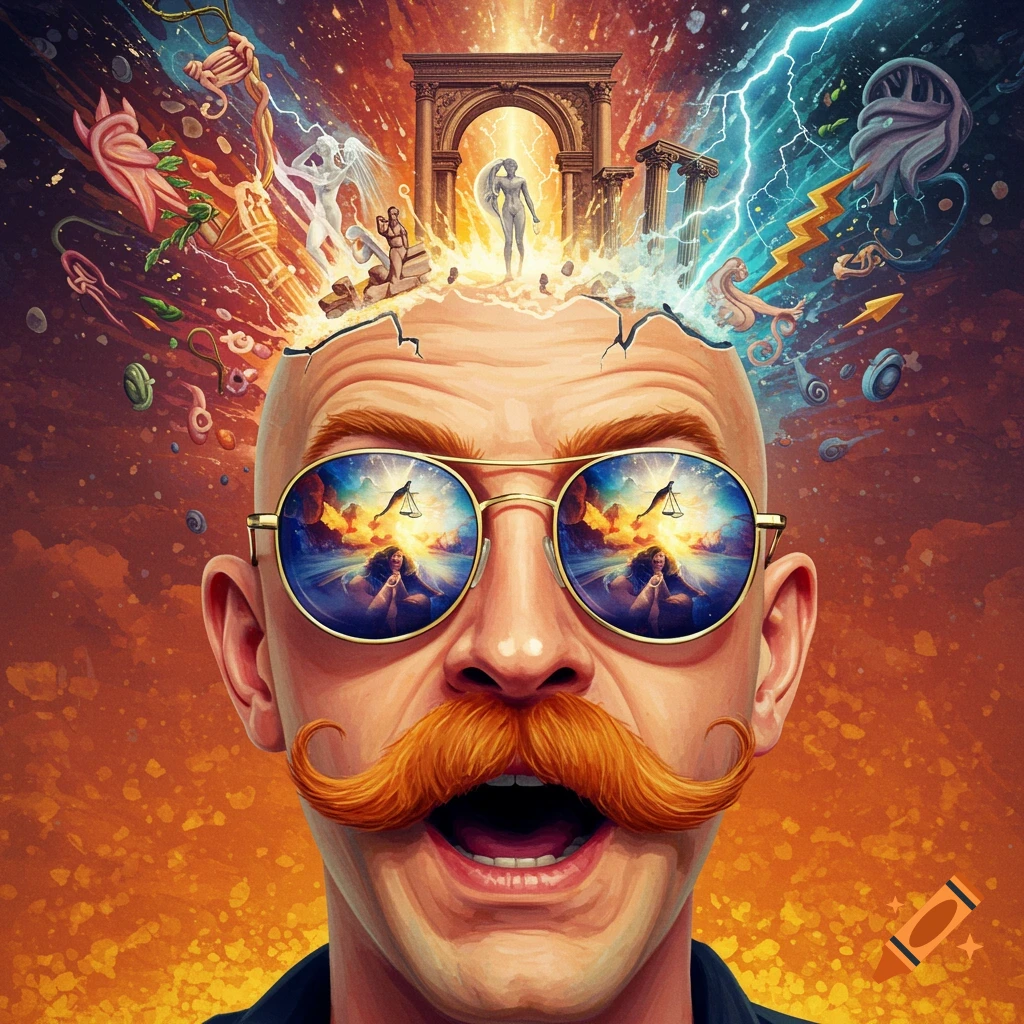 A detailed illustration of a bald man with a ginger mustache and sunglasses, with abstract concepts exploding from his head.