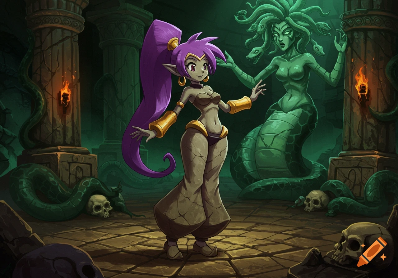 Shantae, partially turned to stone, confronts a green Medusa statue in a dark, ancient temple with skulls and snakes. Video game art.
