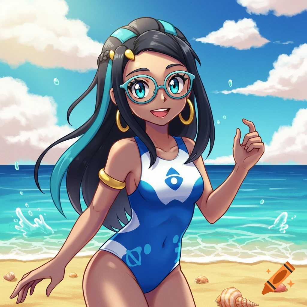 Nessa from Pokémon wearing glasses and a blue swimsuit on a sunny beach.