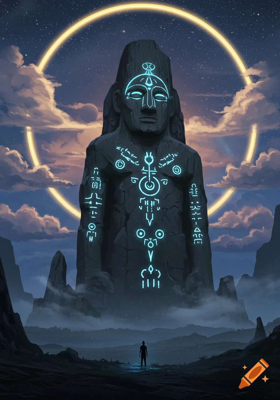 A colossal stone statue with glowing blue symbols on its body stands under a night sky with a luminous golden ring. A lone person stands at its base in a misty landscape.