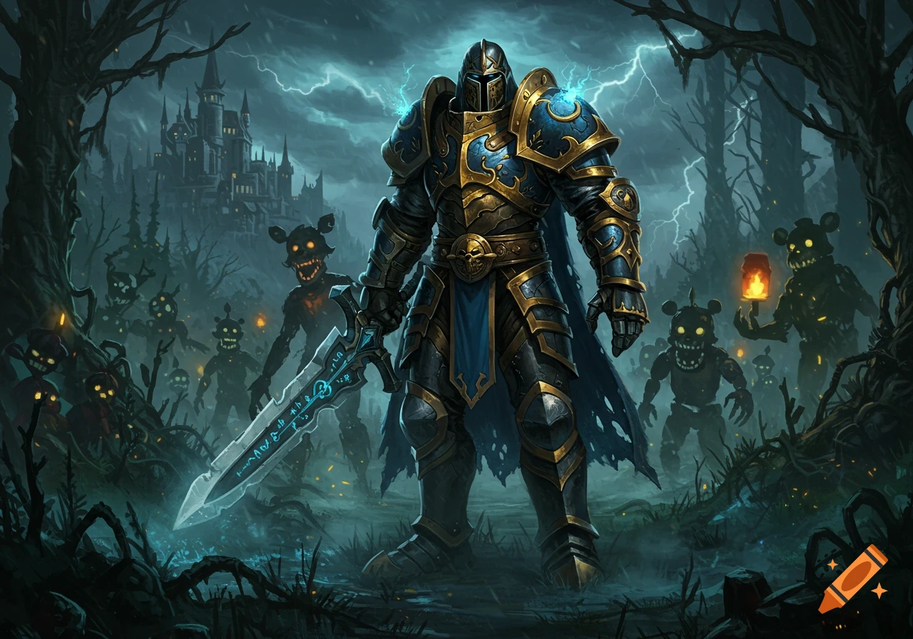 A knight in gold and blue armor stands with a glowing sword in a stormy forest, surrounded by creepy animatronic figures and a dark castle.