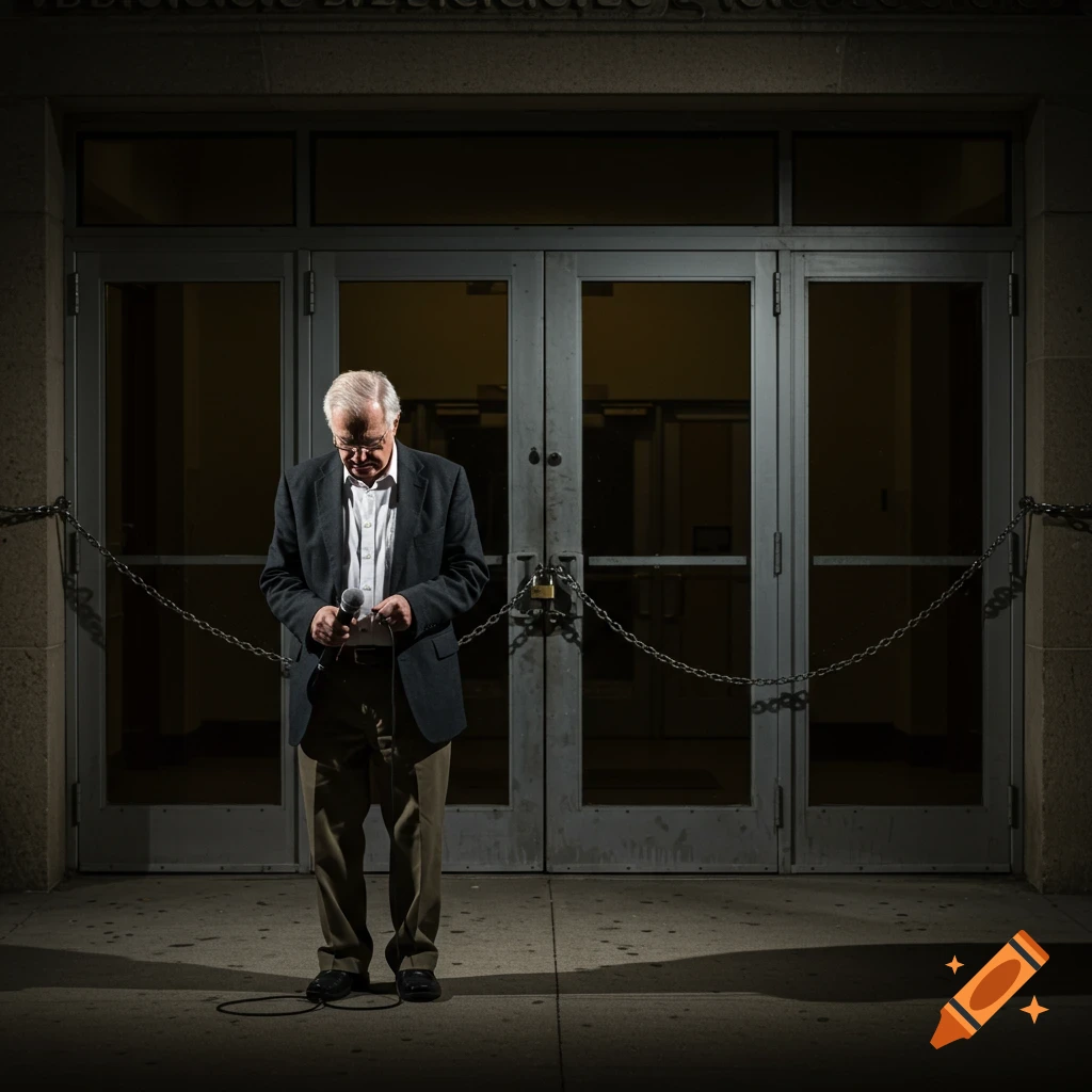 An elderly man holding a microphone stands outside a dark, chained auditorium door, looking down with a melancholic expression.