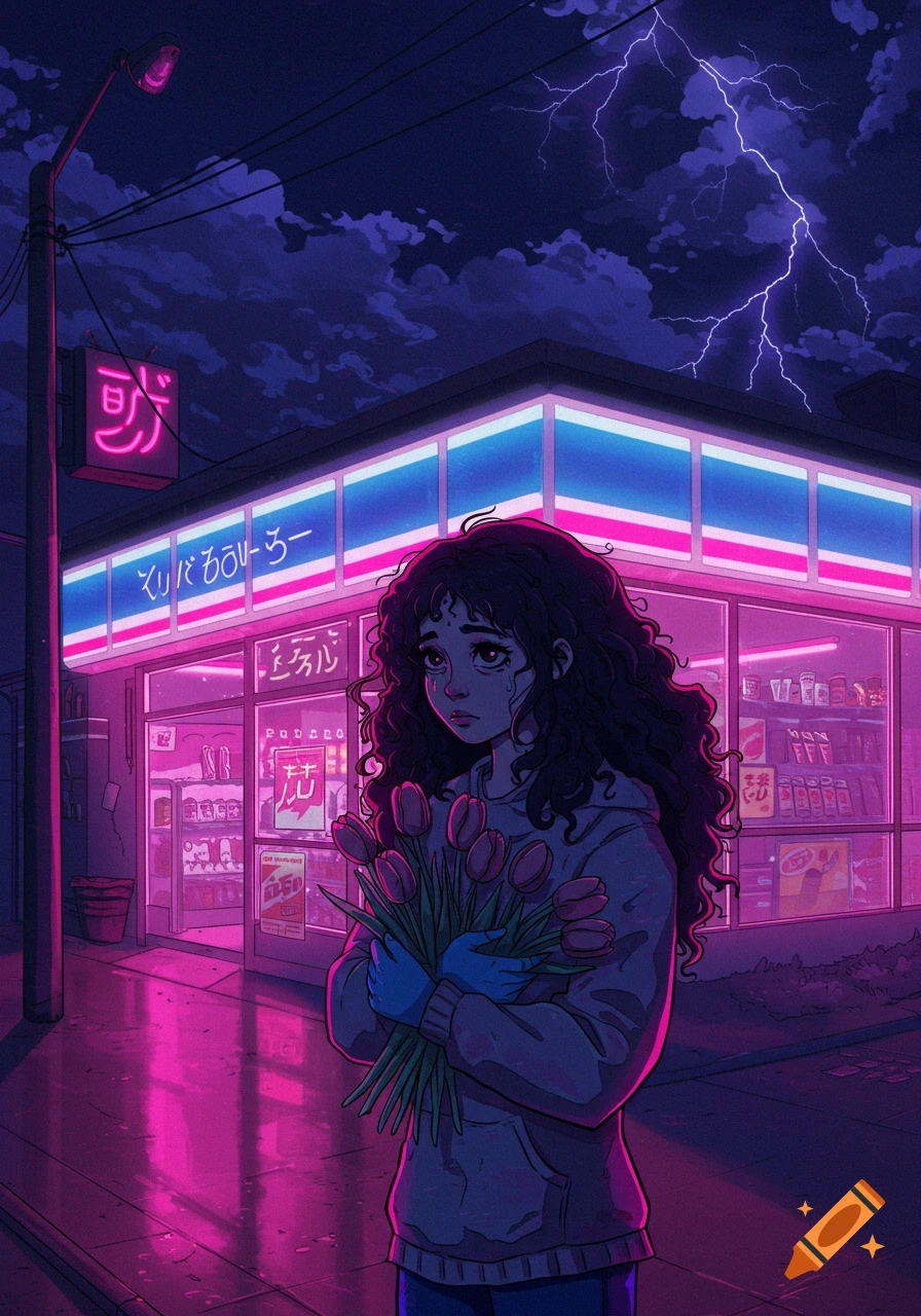 An anime-style illustration of a sad girl with curly hair holding tulips in blue gloves, standing outside a neon-lit convenience store at night under a lightning storm.