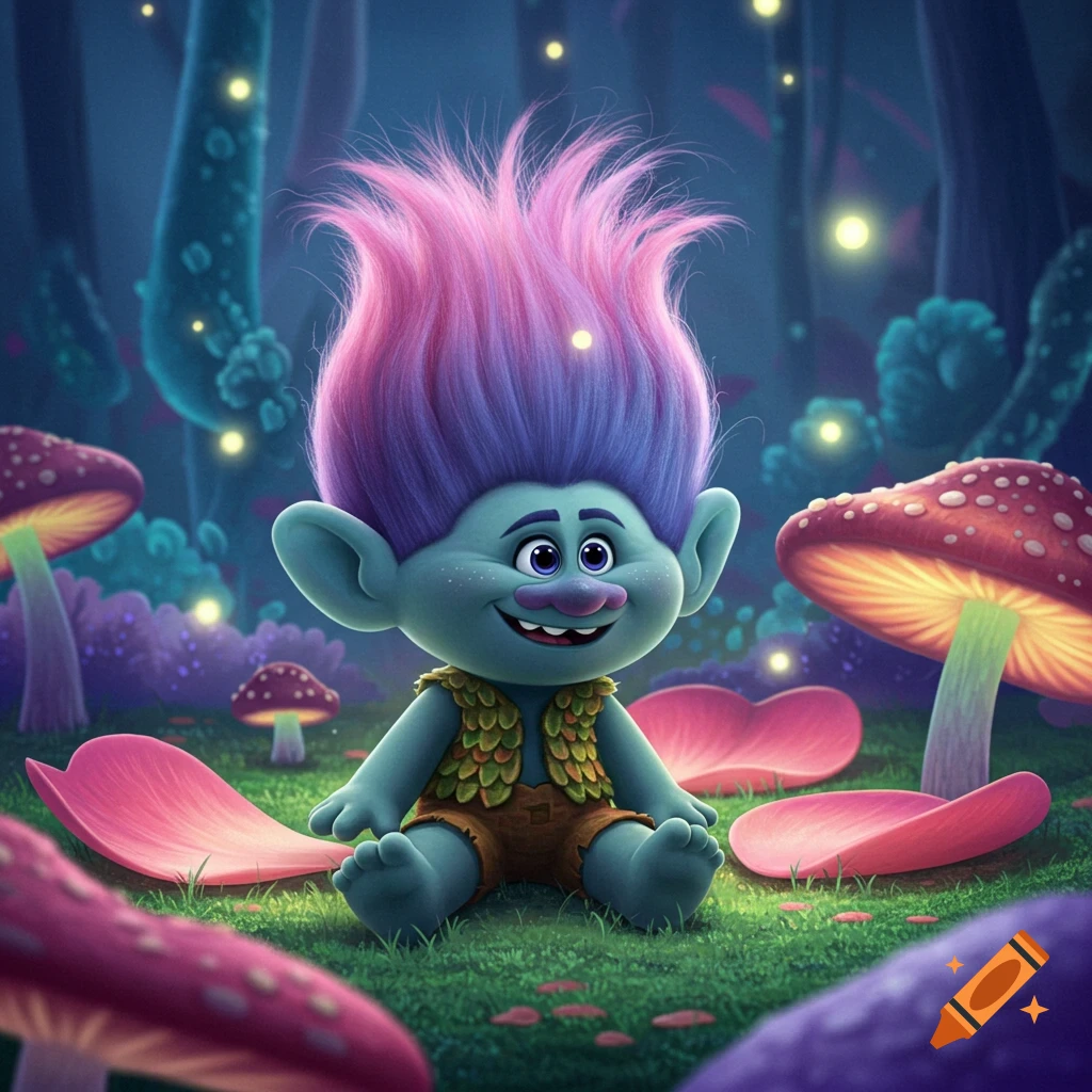 A small blue Troll character with spiky pink and purple hair sits smiling in a whimsical forest with glowing mushrooms and fireflies.