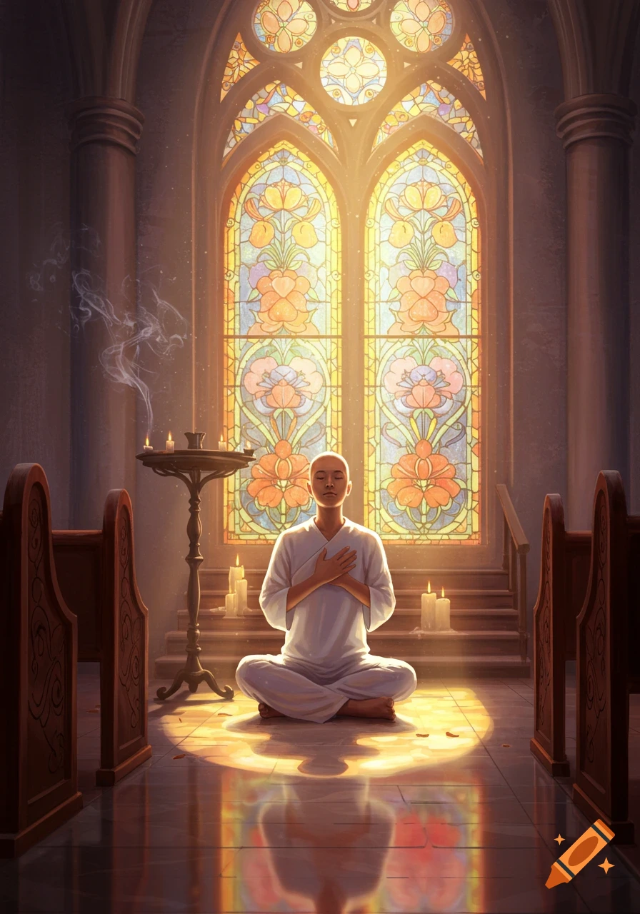 A person meditating in lotus pose on a stone floor, bathed in warm light from a large stained glass window in a temple.