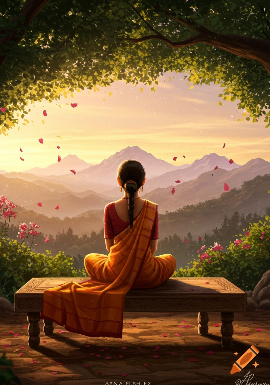 Woman in a saree meditating on a bench facing mountains at sunset, with petals falling from a tree canopy.
