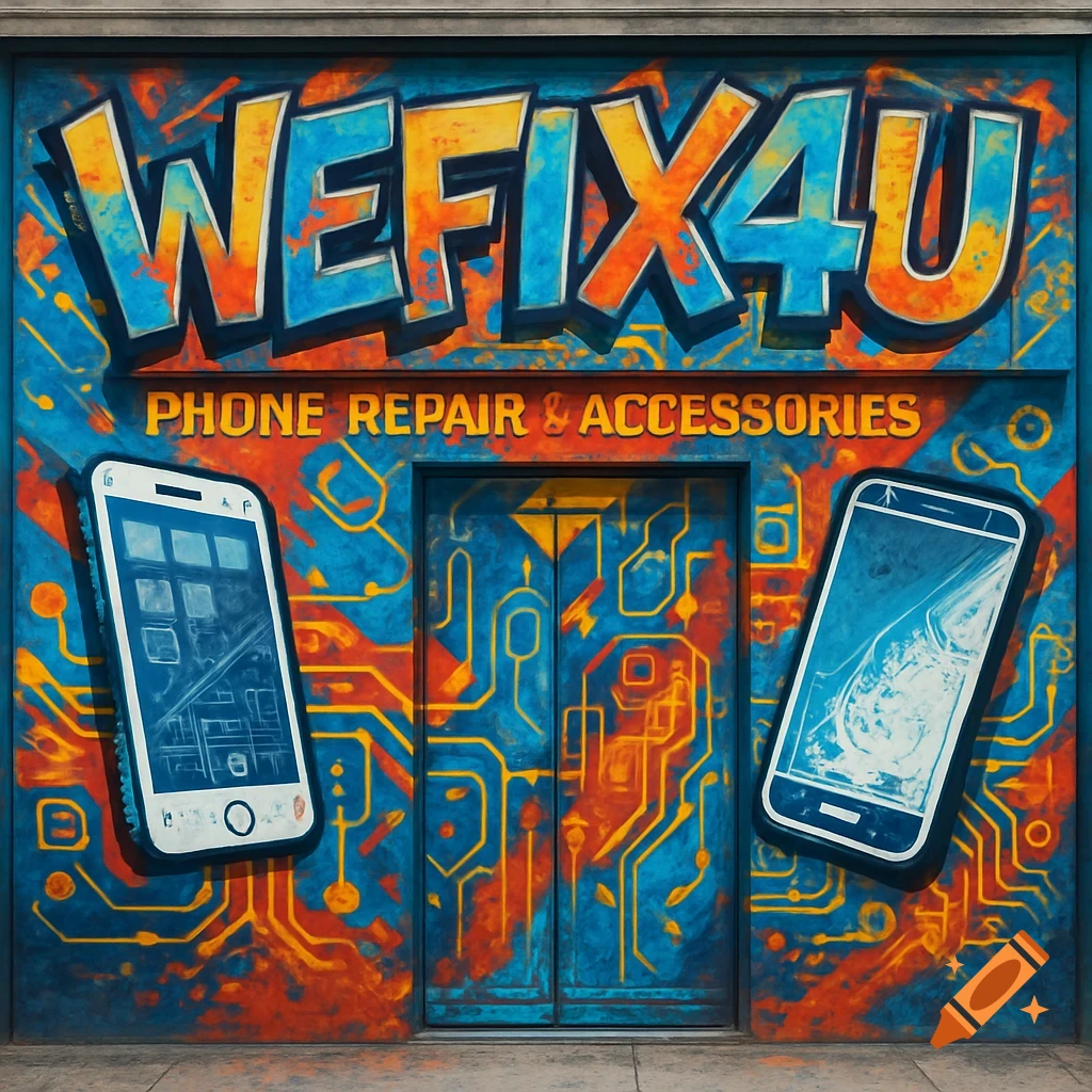 A colorful graffiti-style storefront for 'WEFIX4U Phone Repair & Accessories' with stylized smartphones and circuit board patterns.