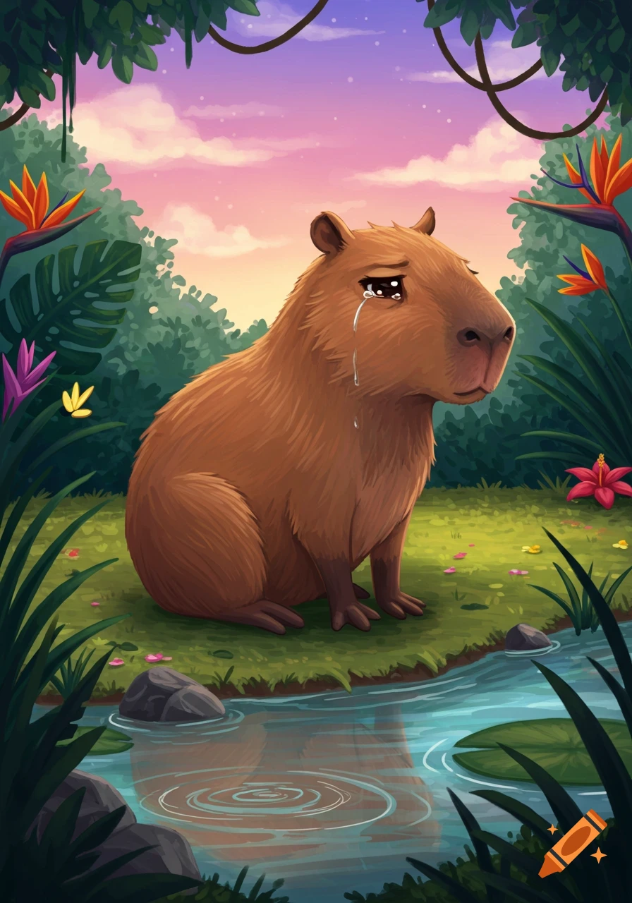 A cute cartoon capybara sits crying by a stream in a lush jungle with tropical flowers under a pink and purple sky.