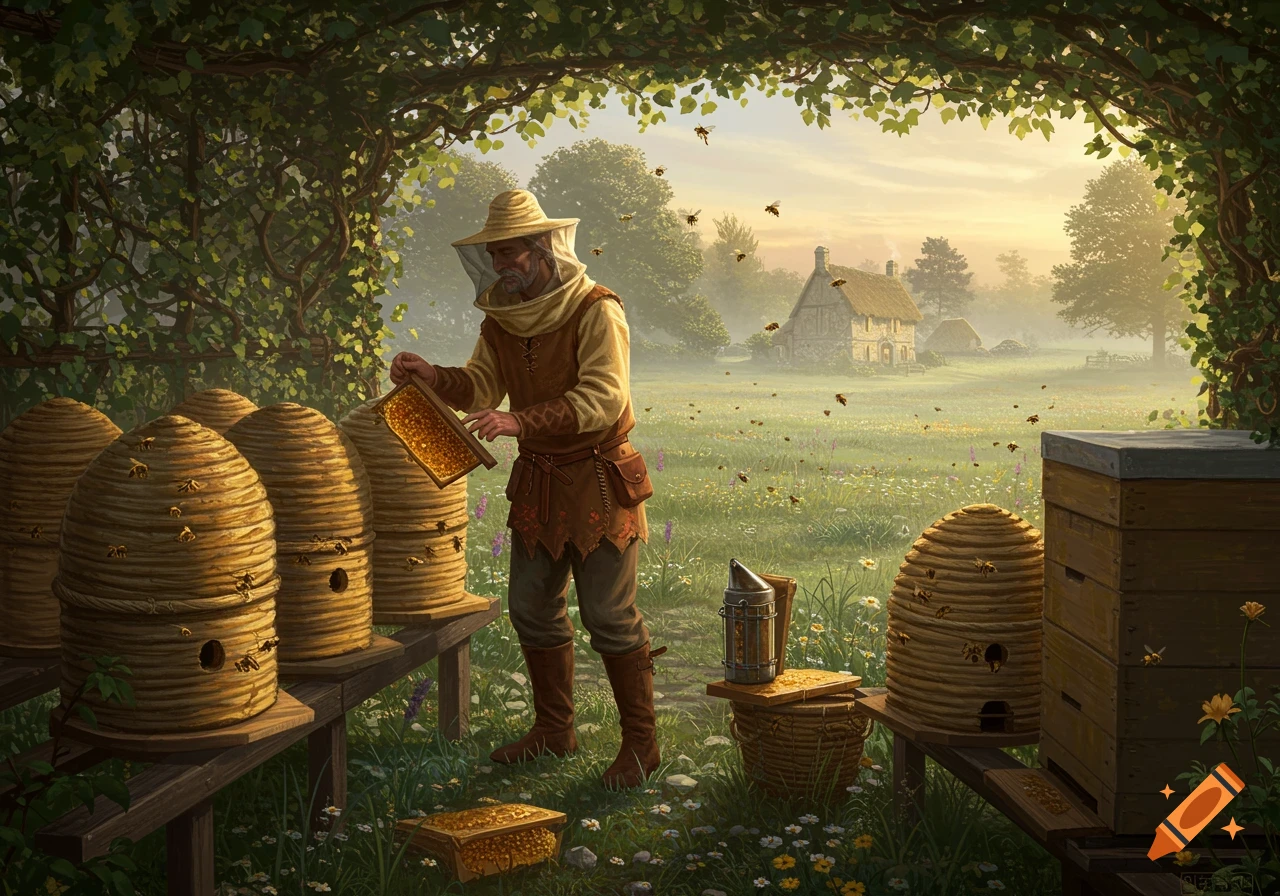 A beekeeper in medieval attire inspects a honeycomb frame among beehives in a sunny, verdant field with a distant cottage. Painterly style.