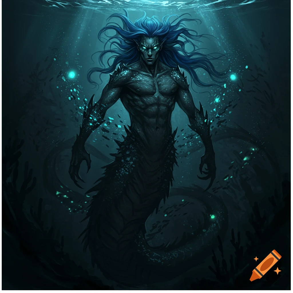 A menacing, blue-haired male siren or leviathan with glowing eyes and sharp features, emerging from the dark deep ocean amidst glowing particles.