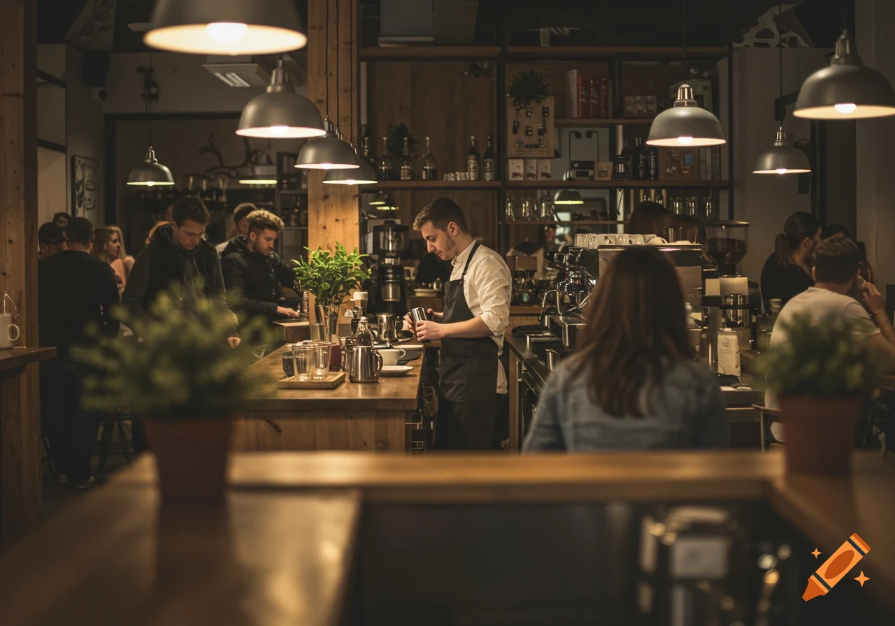 A barista prepares a drink behind a counter in a busy, dimly lit coffee shop with customers in the background.