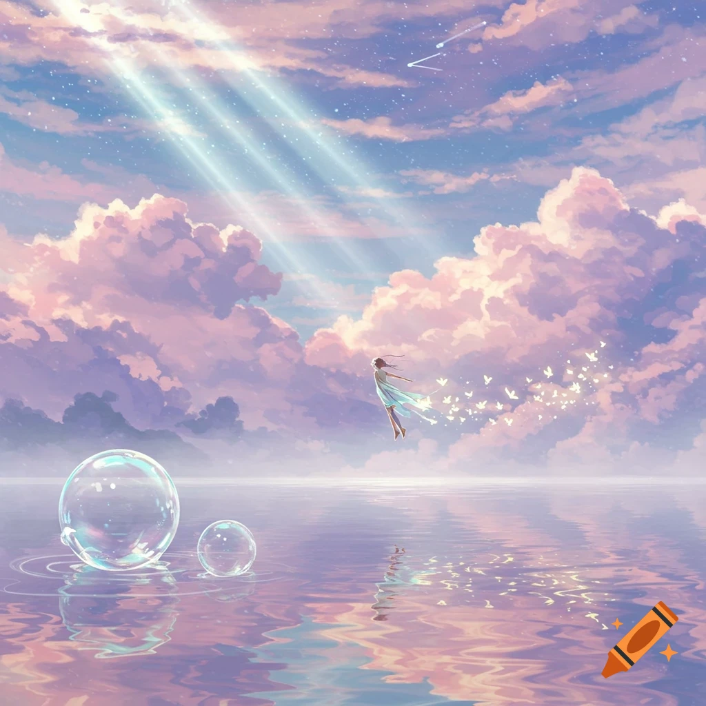 An anime illustration of a person floating above calm purple water under a pink and blue sky with light beams and glowing particles.