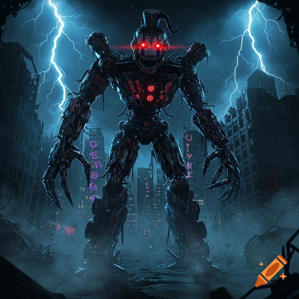 A menacing transformer-like robot with glowing red eyes stands in a ruined city under a stormy, lightning-filled sky.