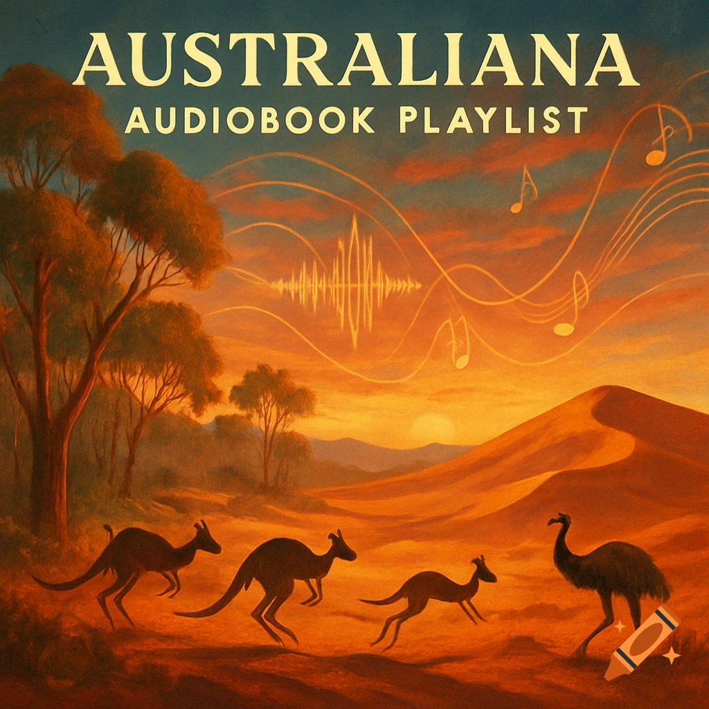Sunset over an Australian desert with kangaroos and an emu. Text reads 'AUSTRALIANA AUDIOBOOK PLAYLIST' with musical notes and a soundwave.