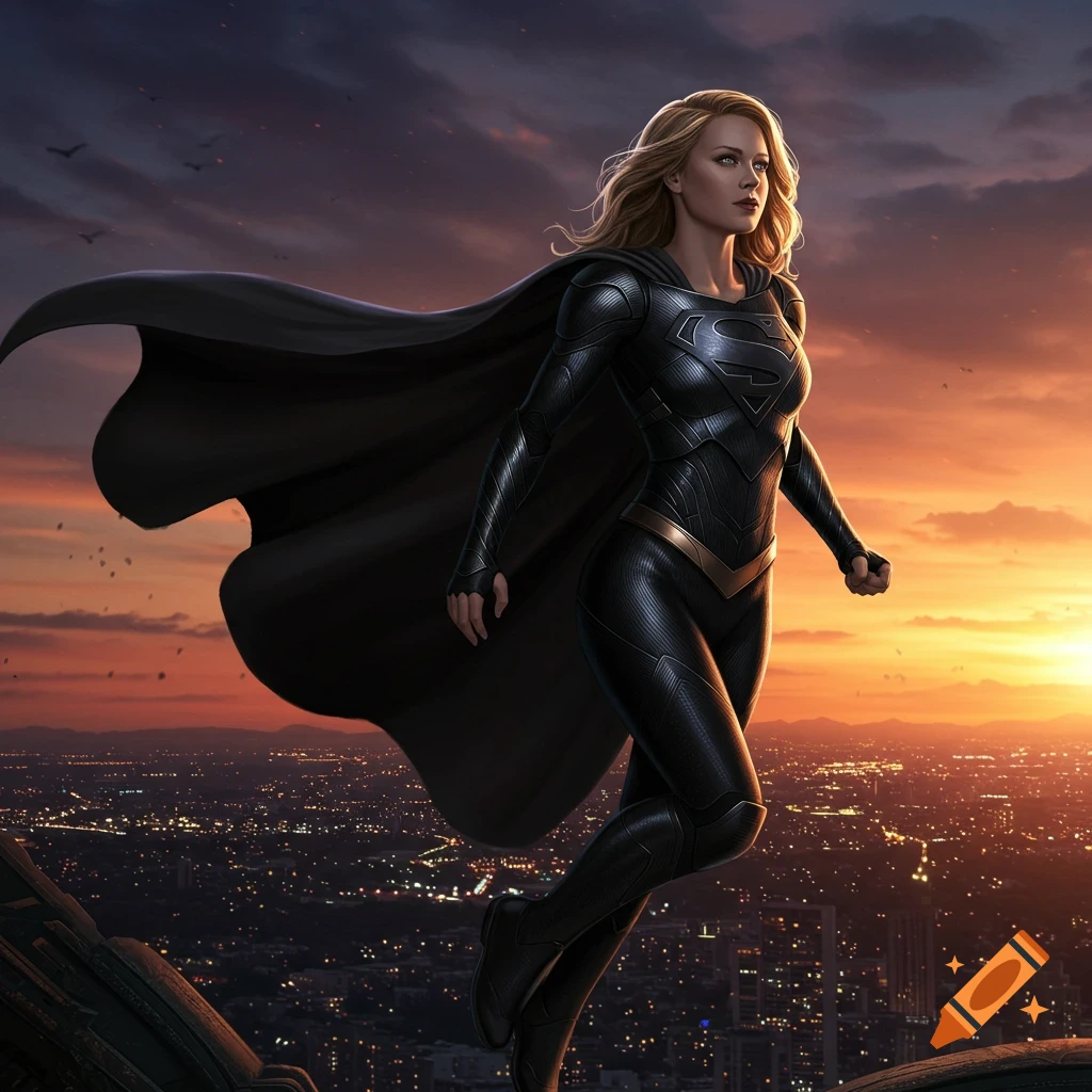 Supergirl in a black armored suit and cape flies over a city skyline at sunset, depicted in a photorealistic style.