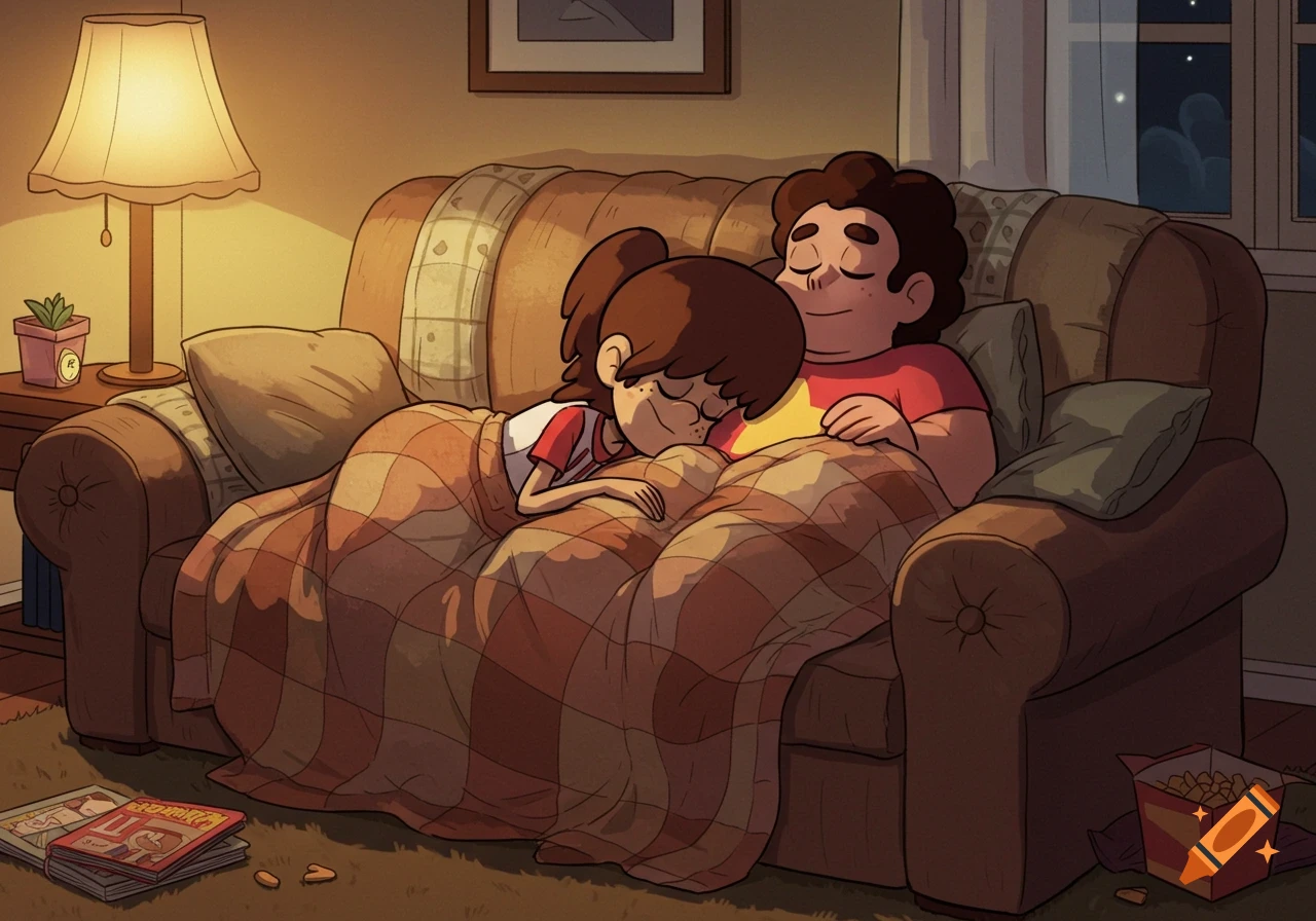 Cartoon characters Steven Universe and Lynn Loud Jr. asleep on a cozy couch under a plaid blanket in a dimly lit room.