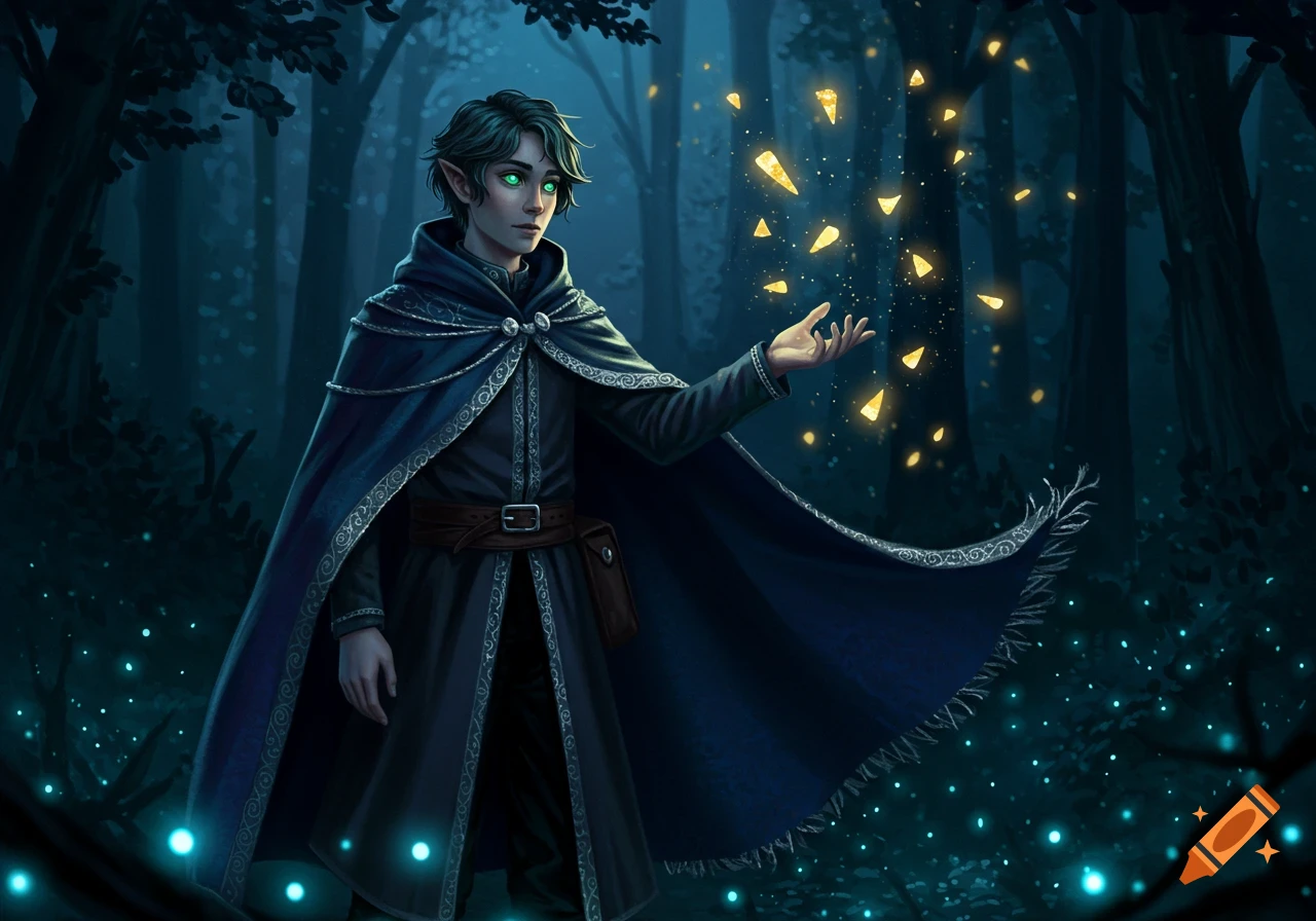 An elf-like wizard with glowing green eyes conjures golden shards of light in a dark, mystical forest.