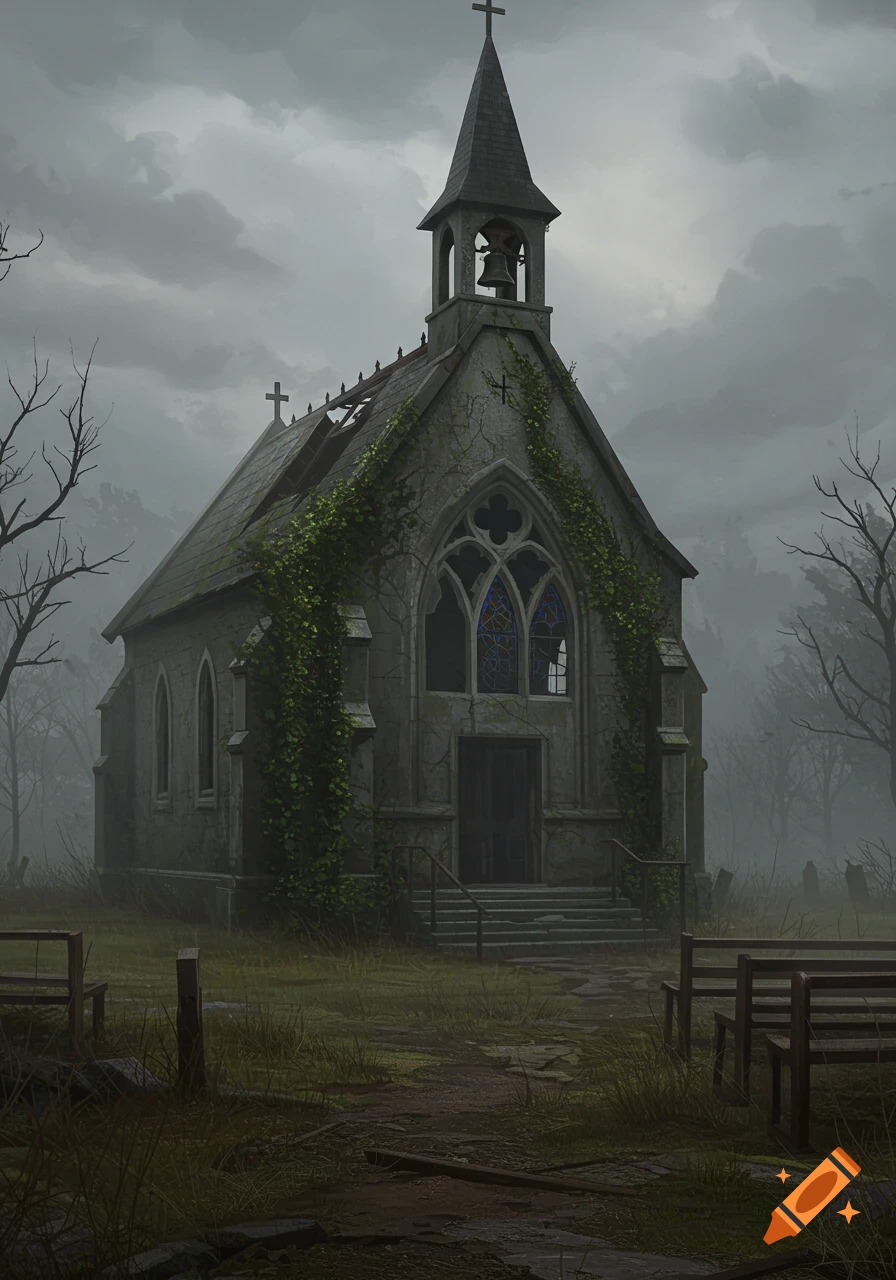 An old, broken stone chapel covered in ivy under a gloomy, overcast sky, surrounded by barren trees and a graveyard.