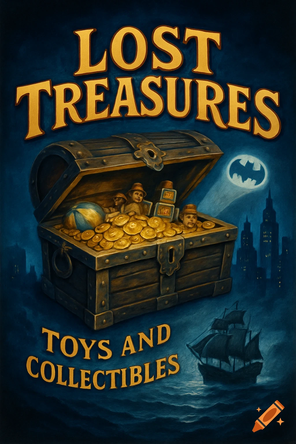 An illustration of a treasure chest overflowing with gold coins and toys, a pirate ship on a stormy sea, and a city skyline with a bat-signal in the background, with the text "Lost Treasures Toys and Collectibles" prominently displayed.
