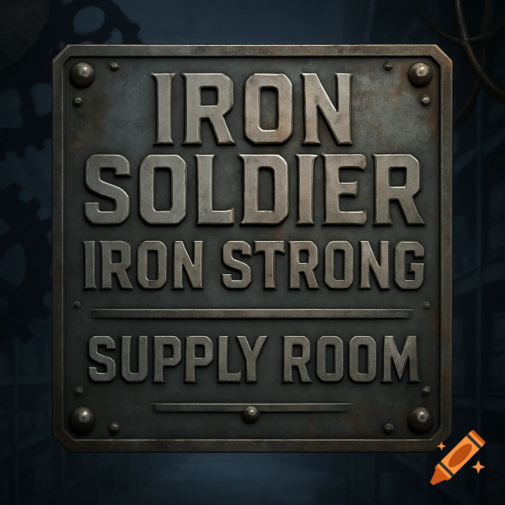 A weathered metallic sign with raised text that reads 'IRON SOLDIER IRON STRONG SUPPLY ROOM'.