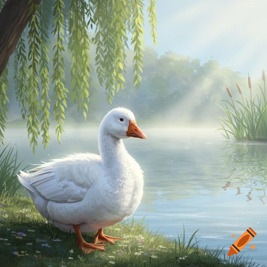 A fluffy white goose stands on a grassy bank beside a misty pond, with a willow tree and sun rays filtering through.