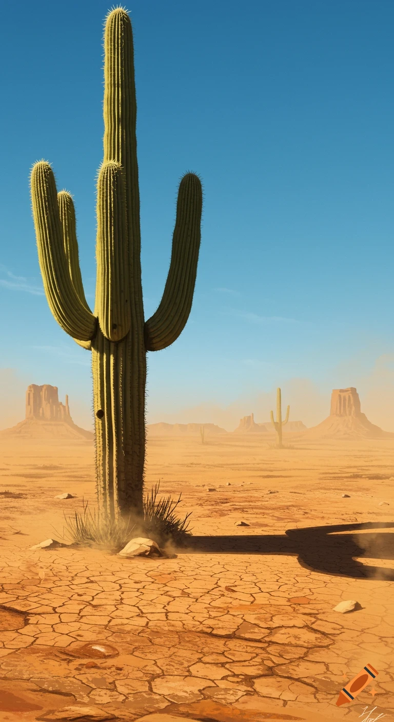 A large saguaro cactus stands prominently in a cracked desert landscape with distant mesas under a bright blue sky.