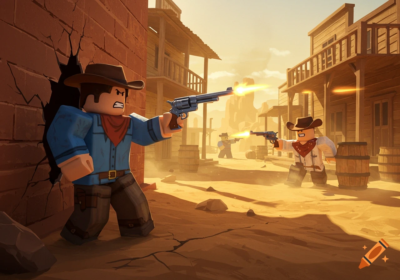 Roblox characters in a western shootout: A cowboy shoots from behind a cracked wall, while others battle in the dusty street.