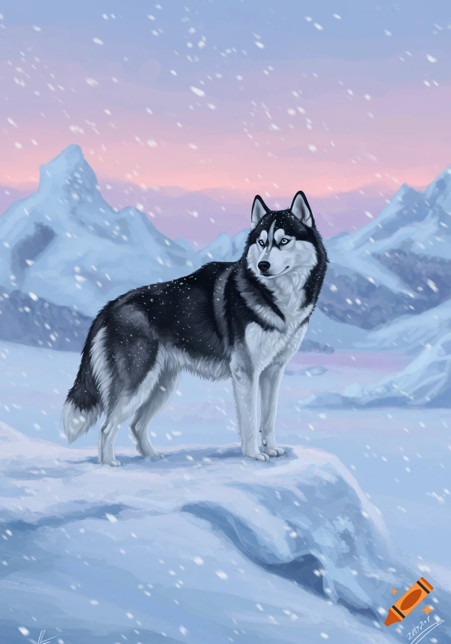 An illustrated black and white husky stands on a snowy peak with mountains and a pink and blue sky in the background, with falling snow.