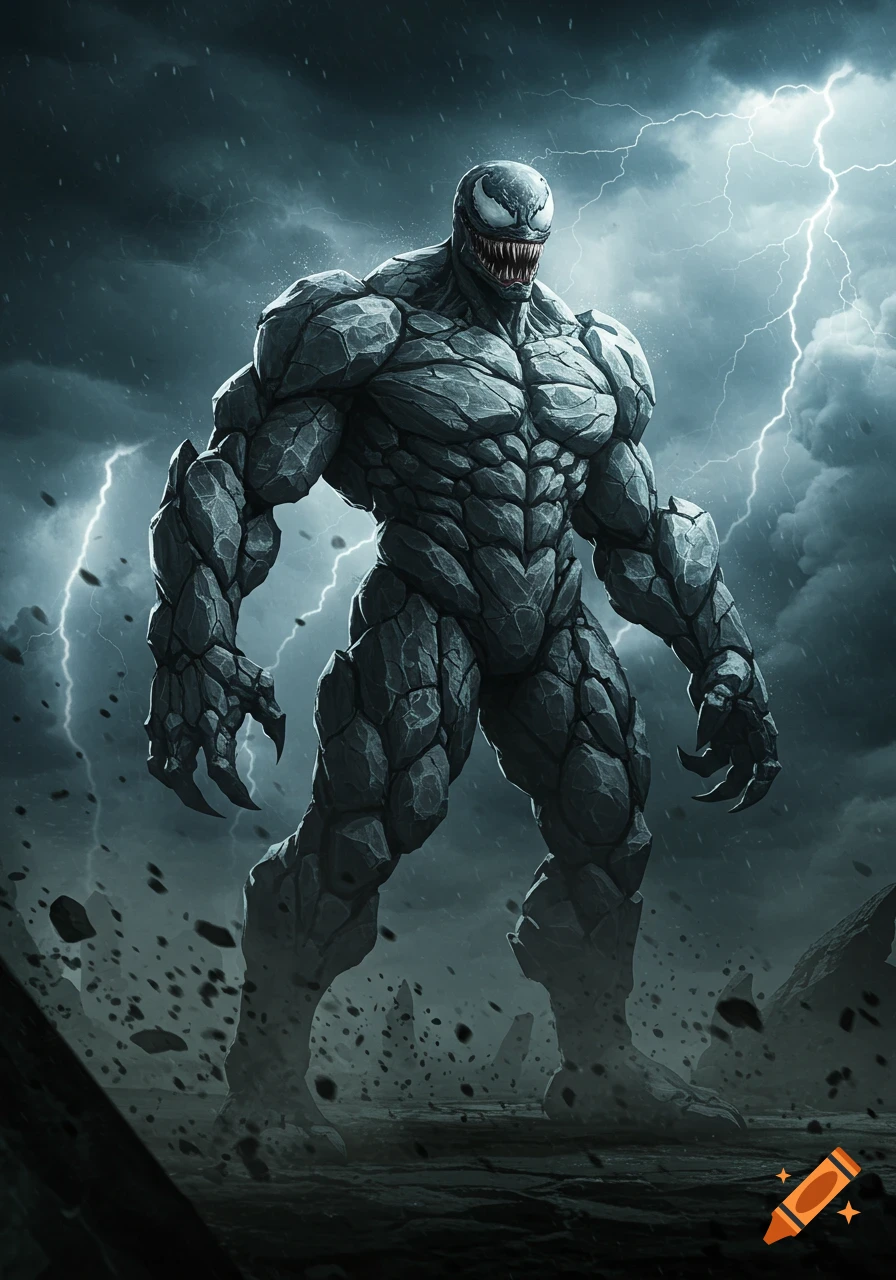 A massive, muscular, rock-like creature resembling a Venom symbiote stands in a stormy landscape with lightning strikes.