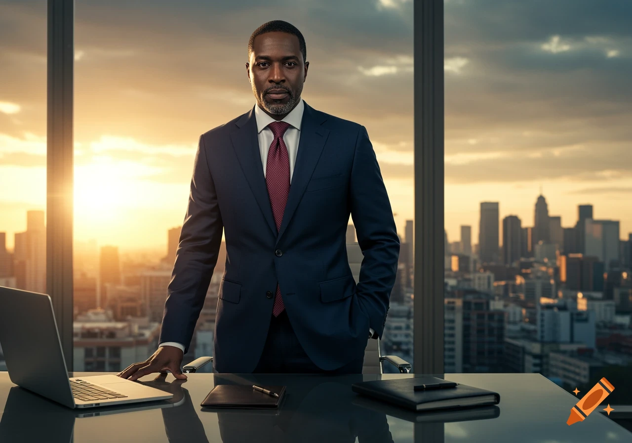 A professional Black man in a dark suit and red tie stands in a modern office, a city skyline visible through the window at sunset.