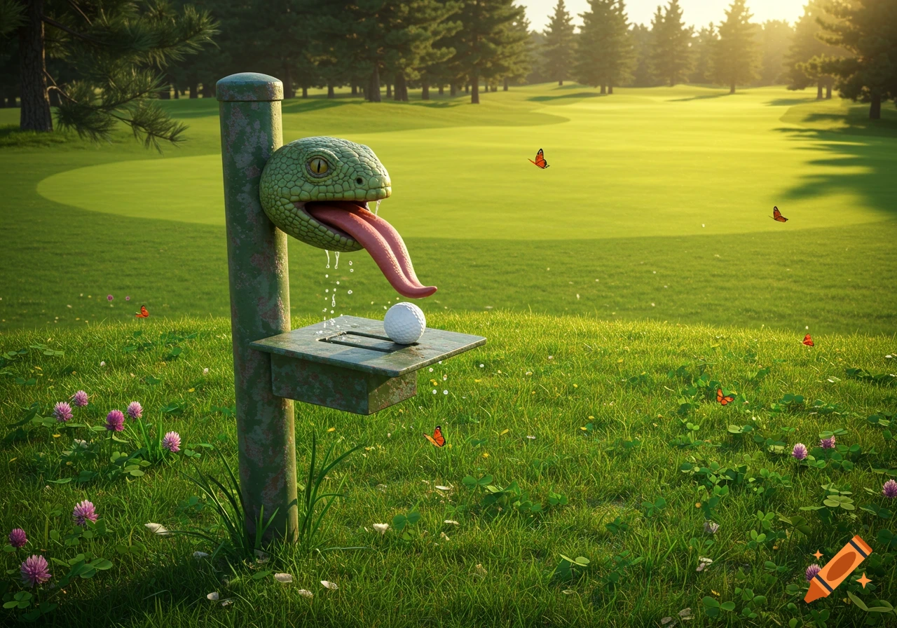 A reptilian head with a long tongue serves as a golf ball washer on a golf course, with butterflies in the grass.